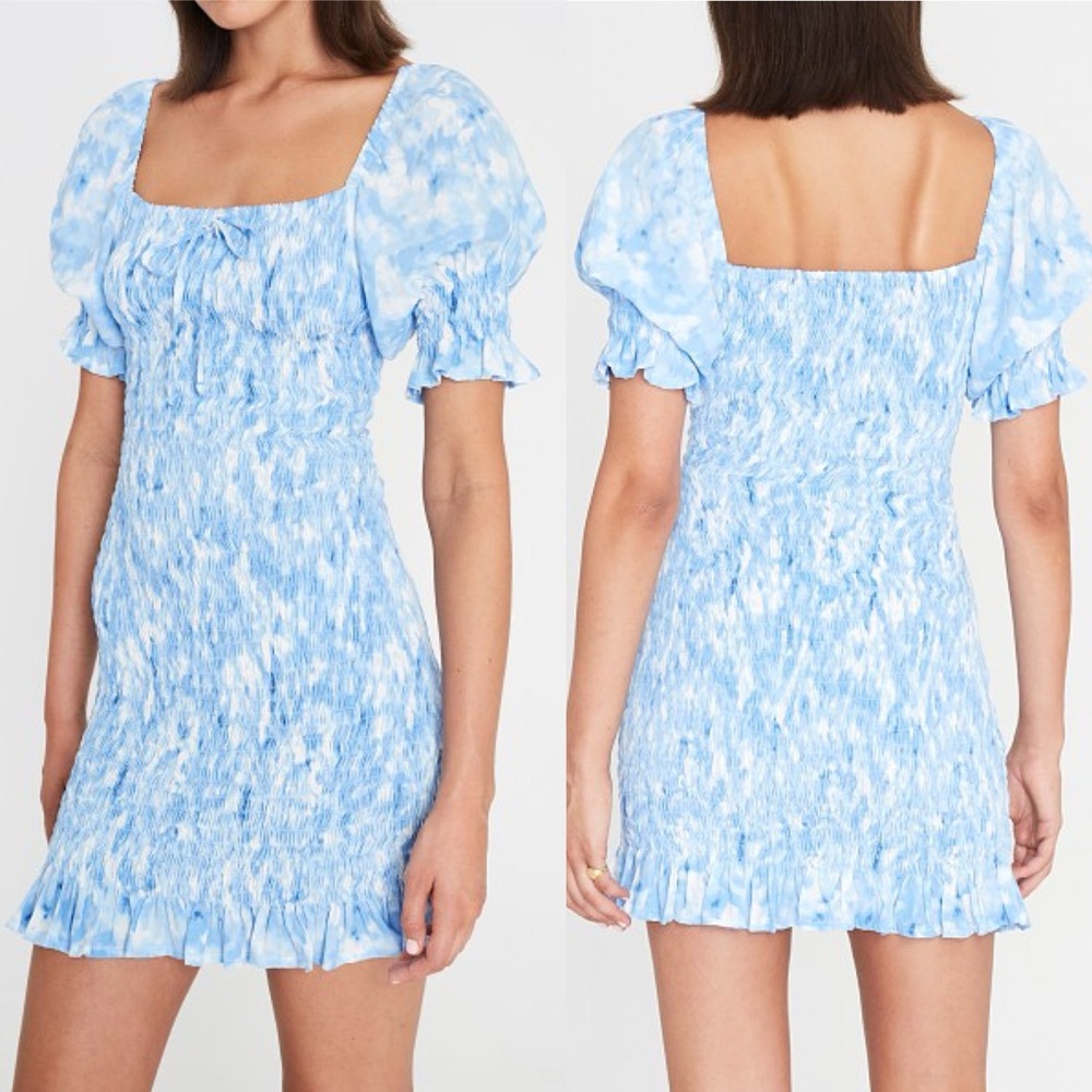 FAITHFULL THE BRAND Magnolia Mini Dress in Blue Roos Tie Dye Smocked Siz…